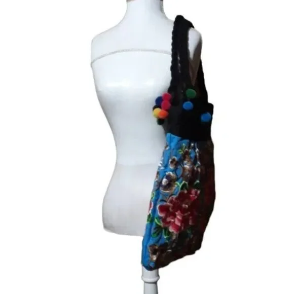 Unbranded Women's Canvas Embroidered Blue Multicolor Floral Ethnic Boho Bag Tote - Picture 7 of 7